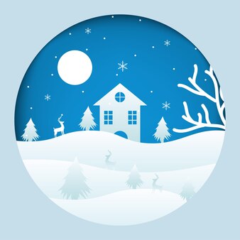 Christmas paper art design with house christmas tree and moon