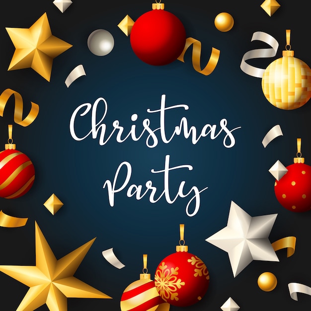 Christmas party banner with balls and ribbons on blue background