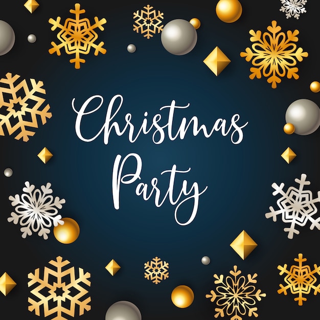 Free vector christmas party banner with stars and flakes on blue background