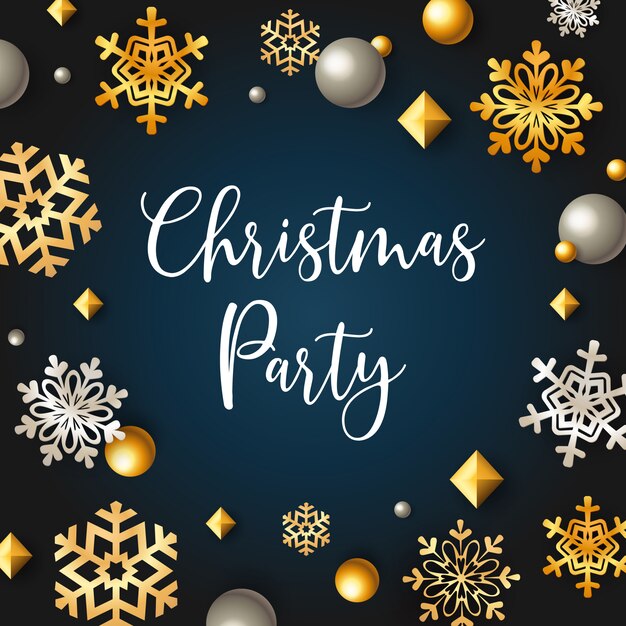 Christmas party banner with stars and flakes on blue background