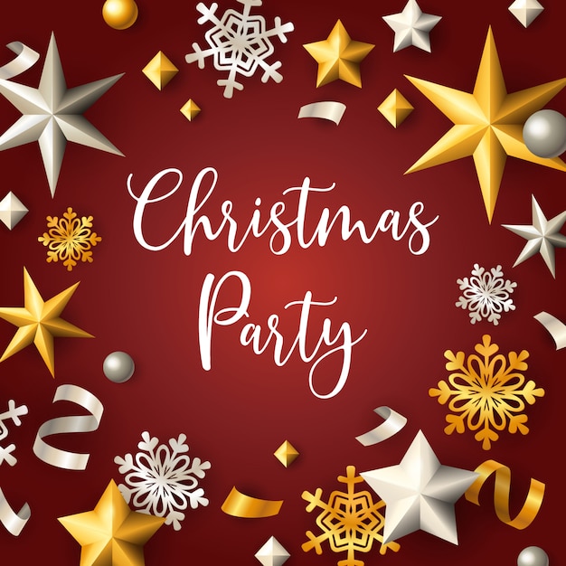 Free vector christmas party banner with stars and flakes on red background