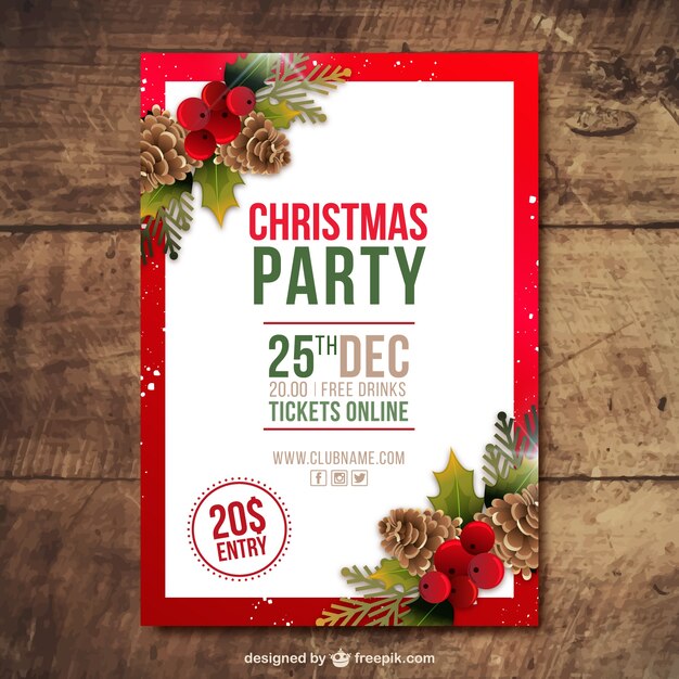 Christmas party brochure with pine cones and mistletoe in realistic style