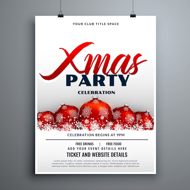 Christmas party celebration flyer design with red decoration balls