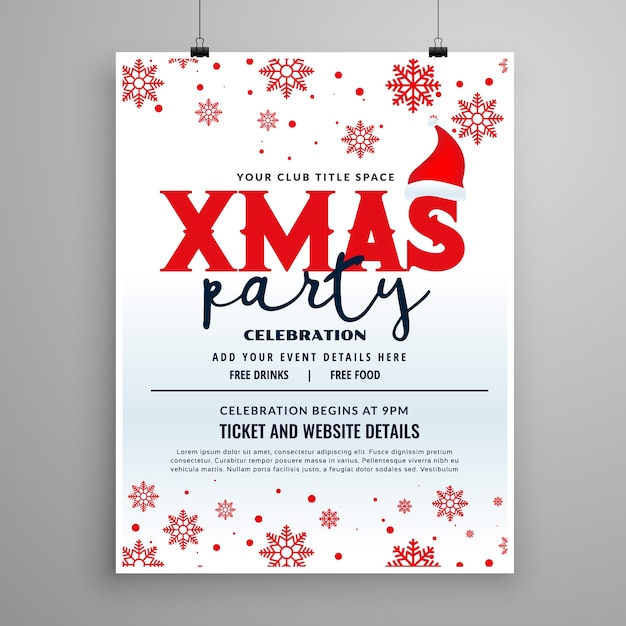 Christmas party flyer design with santa claus cap and snow flakes