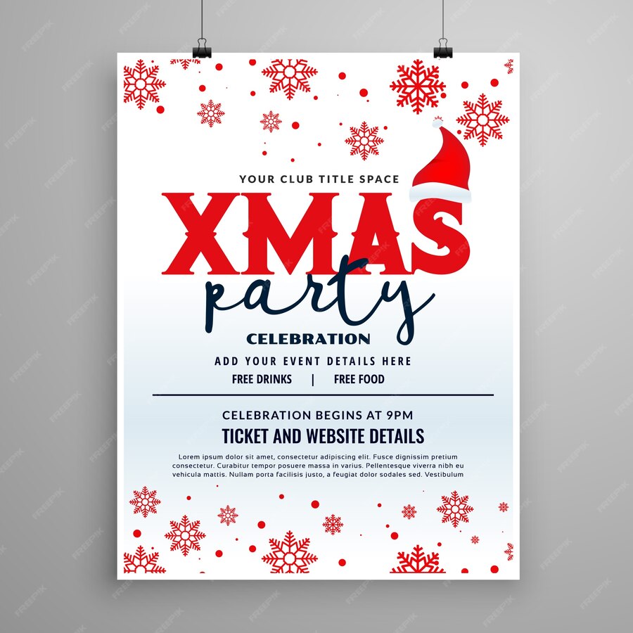 Free Vector Christmas party flyer design with santa claus cap and