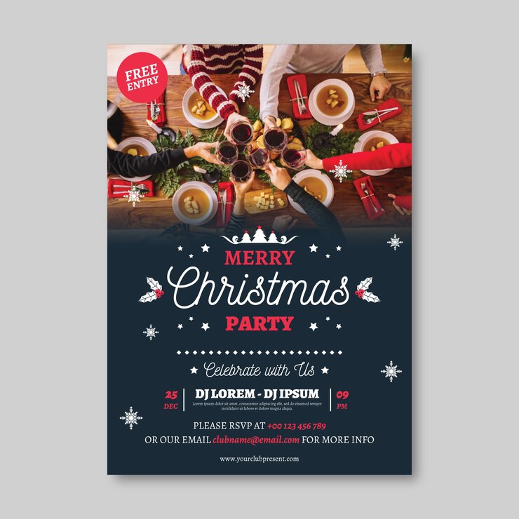 無料Vector 写真付きのクリスマスパーティーのフライヤーテンプレート