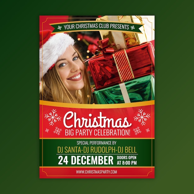 Free vector christmas party flyer template with photo