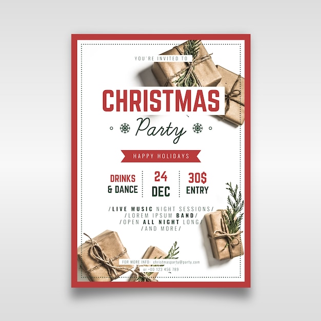 Free vector christmas party flyer template with photo