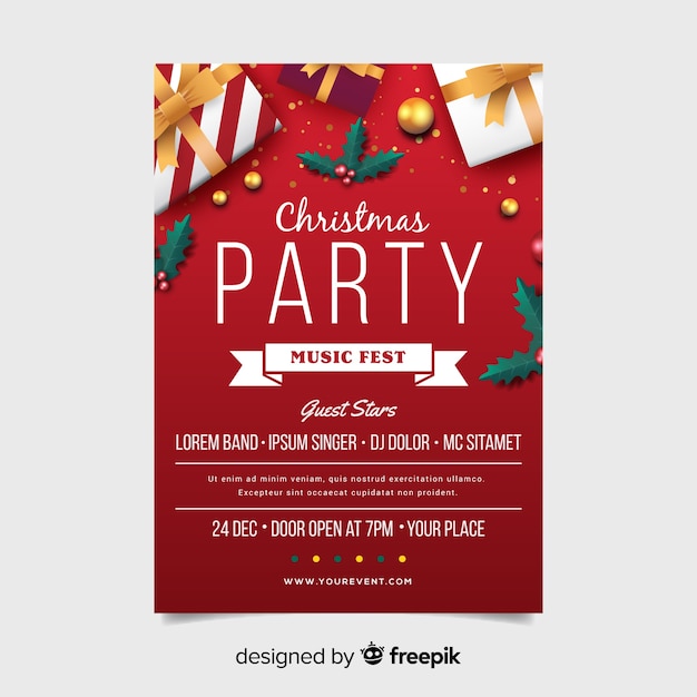 Free vector christmas party flyer template with ribbon in flat design