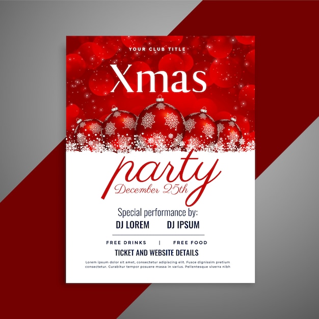 Free vector christmas party flyer with red balls and copyspace