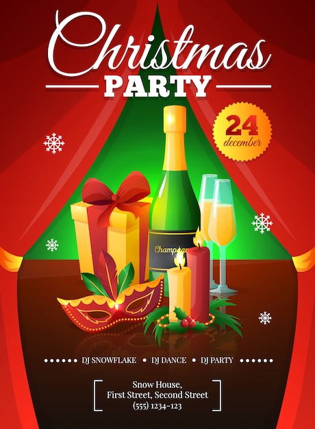 Free vector christmas party invitation poster with red curtains present champagne mask candles