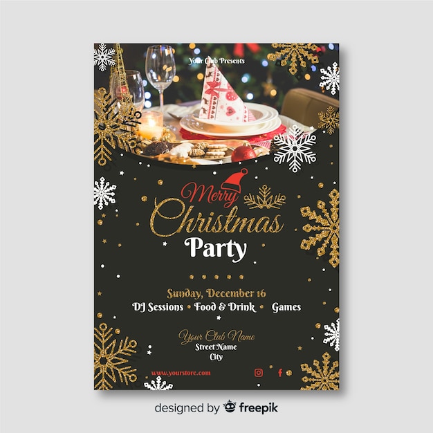 Free vector christmas party poster template with photo