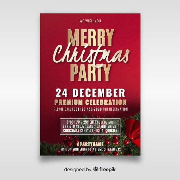 Free vector christmas party poster template with photo