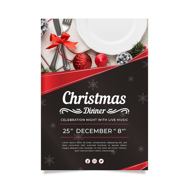 Free vector christmas party poster template with photo