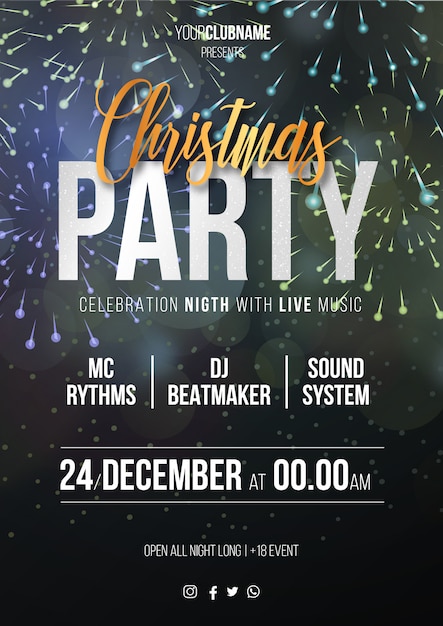 Christmas party poster with fireworks background