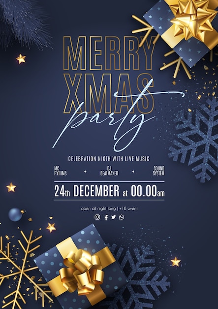 Christmas party poster with realistic ornaments and presents