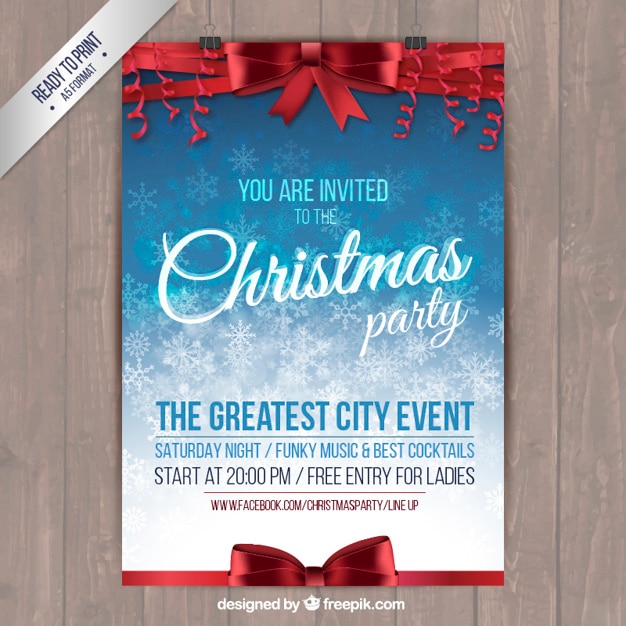 Christmas party poster with red ribbons