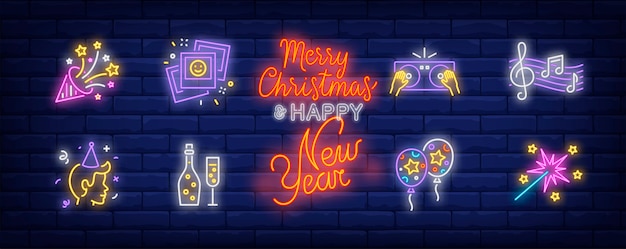Free vector christmas party symbols set in neon style