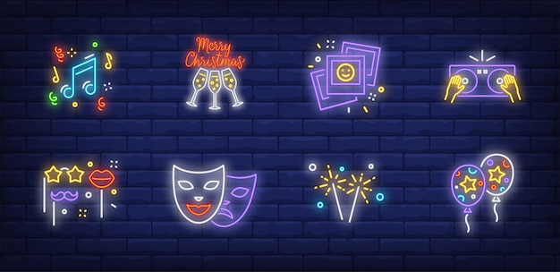 Christmas party symbols set in neon style