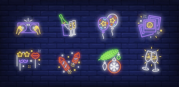 Free vector christmas party symbols set in neon style