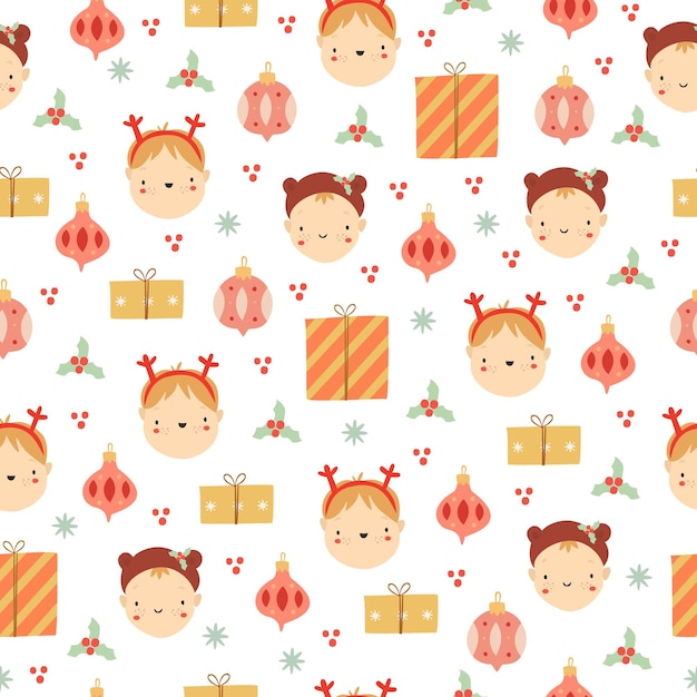 Christmas  pattern of cute children's faces