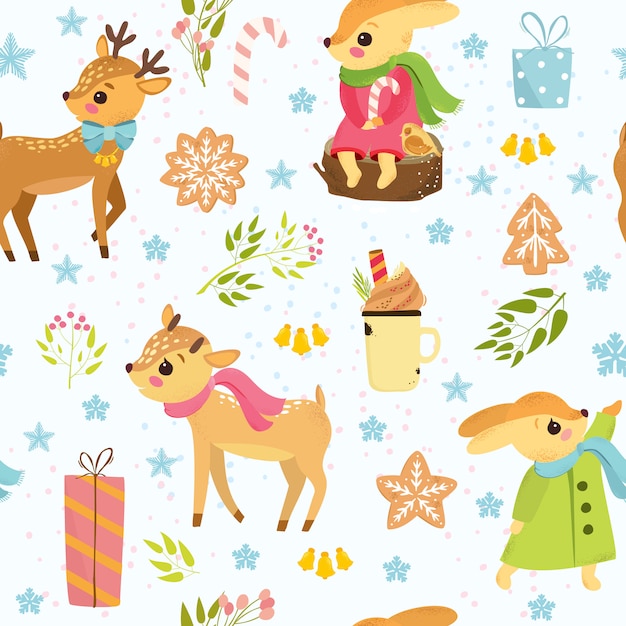 Christmas pattern with deers and hares