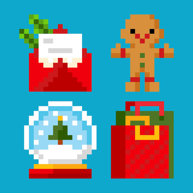 Collezione di elementi di pixel art di Natale