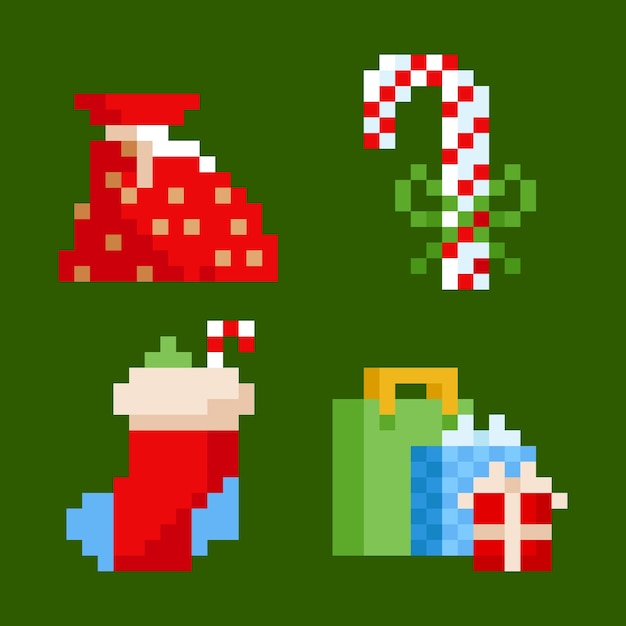Бесплатное векторное изображение Рождественская коллекция элементов пиксельного искусства