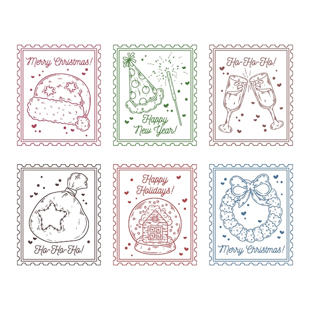 Free vector christmas postage stamps hand drawn