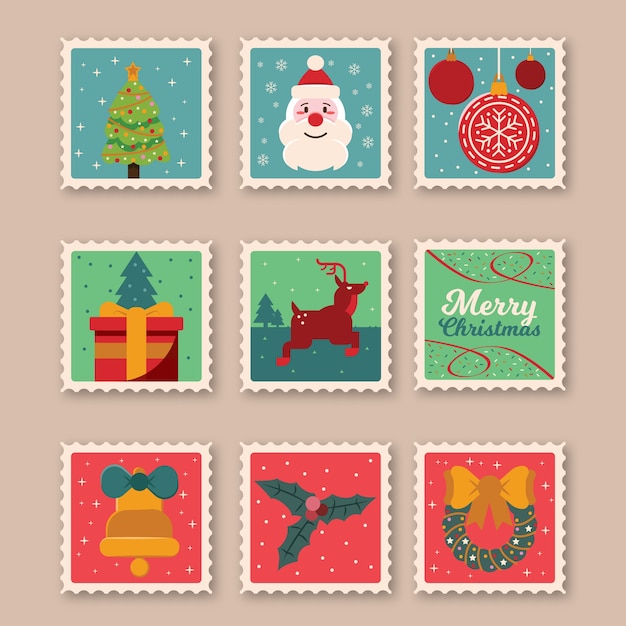 Christmas postal stamps set isolated flat design