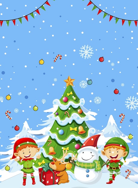 Free vector christmas poster design with elves and snowman