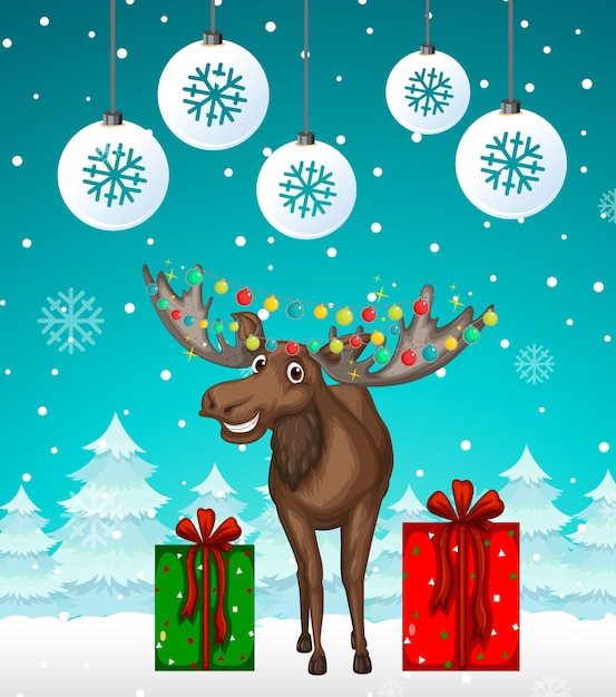 Free vector christmas poster design with moose on snowy background