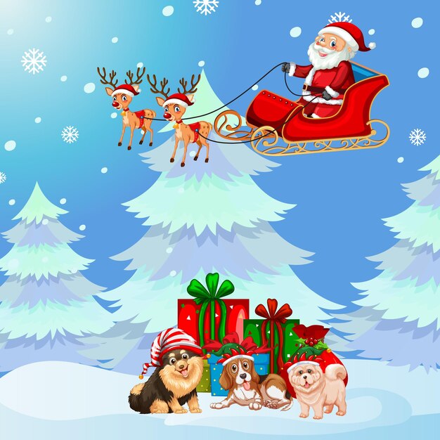 Рождественский плакат с Санта Клаусом в санях на снежном фоне
