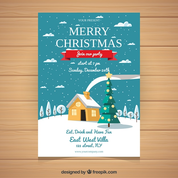 Free vector christmas poster with winter landscape