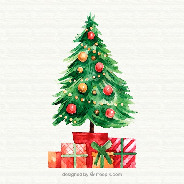 Christmas presents under the tree in watercolour