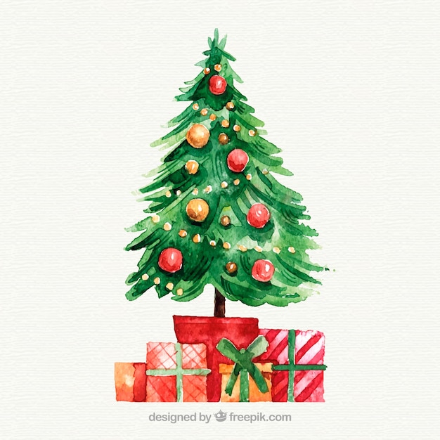 수채화의 나무 아래 크리스마스 선물