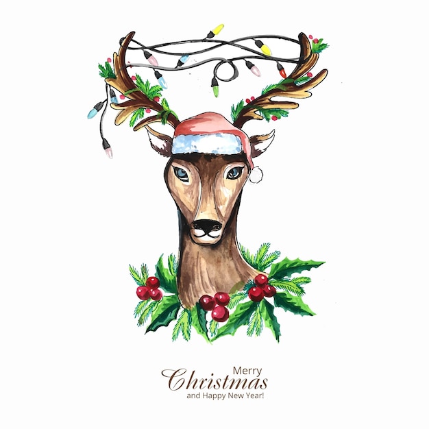 Free vector christmas reindeer head with christmas lights card background