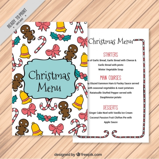 Free vector christmas restaurant menu with ornaments sketches