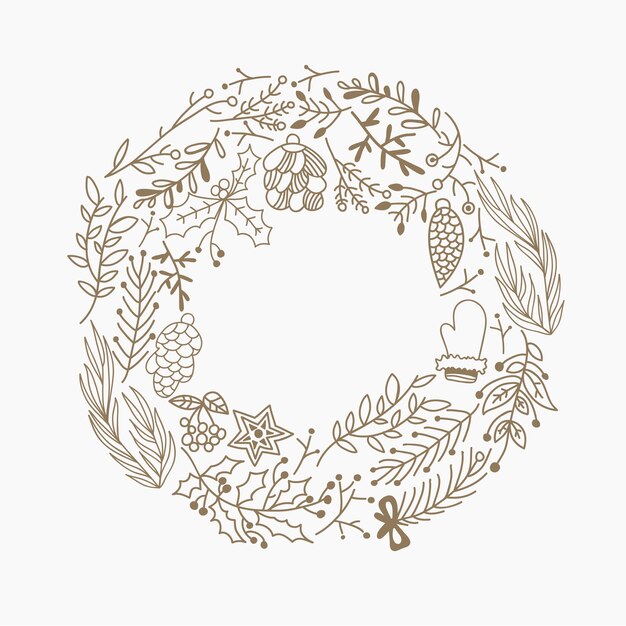 葉と休日のシンボルの手描きイラストで作られたクリスマスラウンドフレーム装飾要素落書き