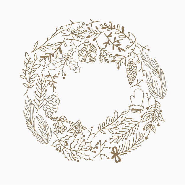 葉と休日のシンボルの手描きイラストで作られたクリスマスラウンドフレーム装飾要素落書き