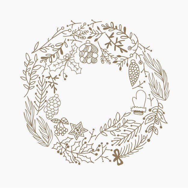 Christmas round frame decorative elements doodle made of leaves and holiday symbols hand drawing illustration