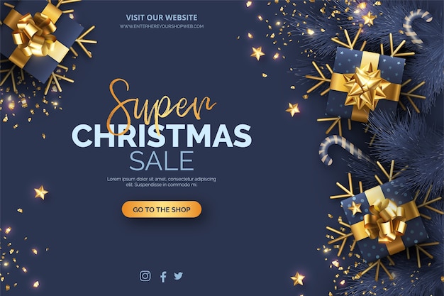 Christmas sale background with blue and golden decoration