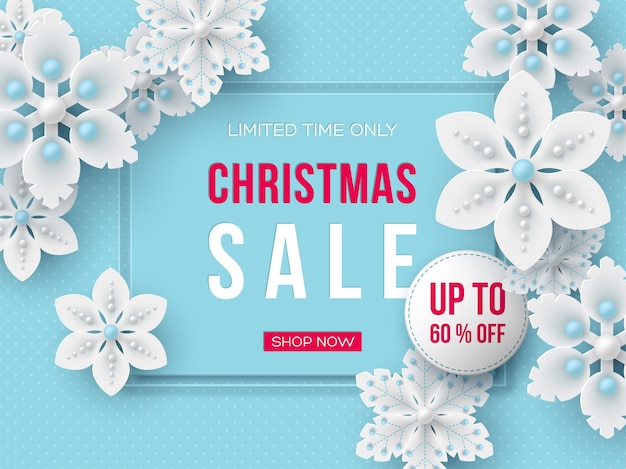 Christmas sale banner. 3d decorative snowflakes and label with text on blue dotted background. Vector illustration for winter holiday discounts.