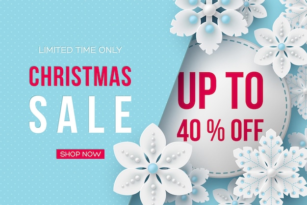 Christmas sale banner. 3d decorative snowflakes and label with text on blue dotted background. Vector illustration for winter holiday discounts.