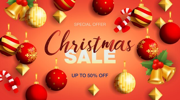 Christmas Sale banner with bells and baubles