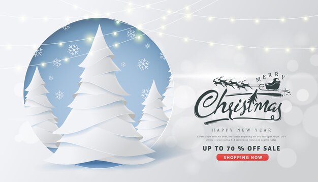 Christmas sale banner with calligraphic christmas lettering and santa claus sleigh reindeers