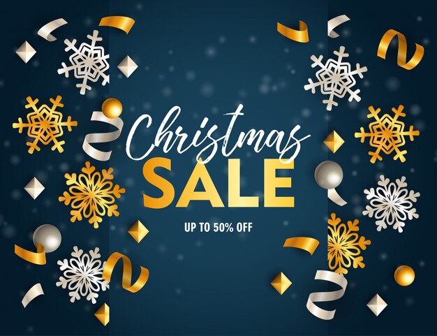 Christmas sale banner with ribbons and flakes on blue ground