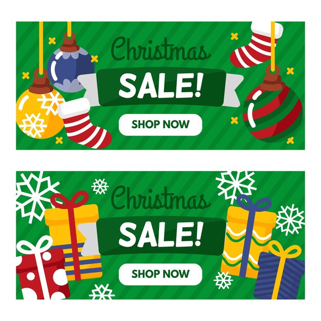 christmas sale banners with presents and stockings