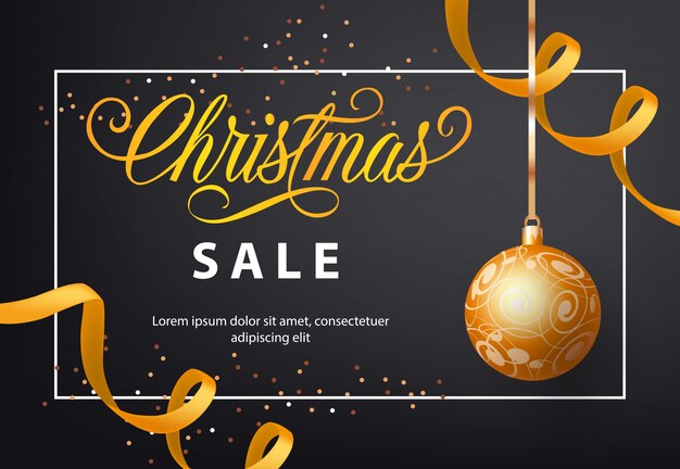 Christmas Sale poster design. Gold bauble, streamer