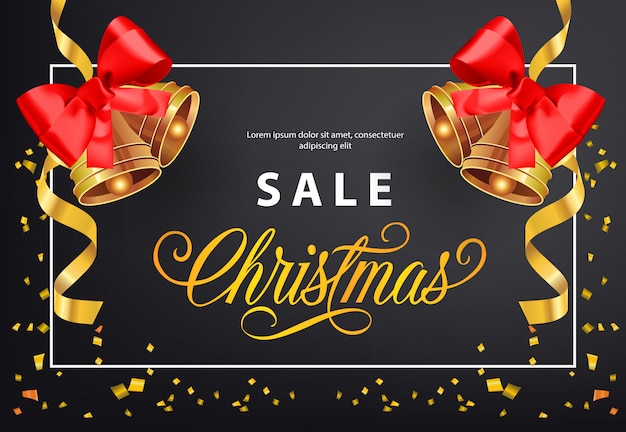 Free vector christmas sale poster design. gold jingles with red bows